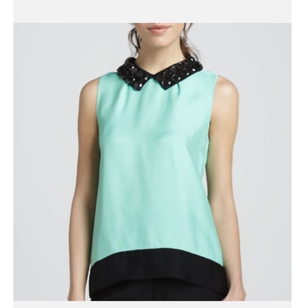 Kate Spade New York Mint Green Embellished Collar Sleeveless Twee Blouse Top 2